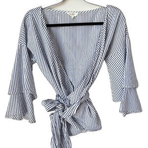 entro Striped Wrap Bell-Sleeve Top 100% Cotton Blue/White Size Small
